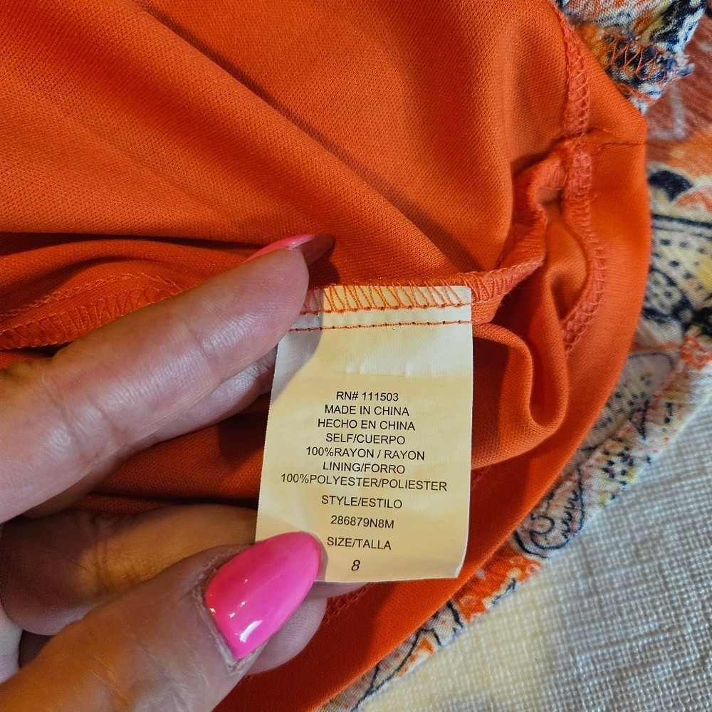 Luxology Orange Blue Paisley Crochet Back Sleeveless‎ Dress Size 8 - Picture 9 of 12
